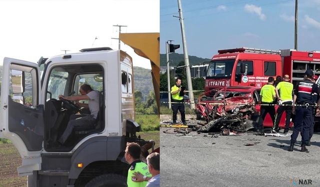 Hafriyat kamyonuyla çarpışan otomobil kağıt gibi ezildi!