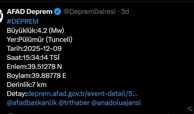 Tunceli’de 4.2 büyüklüğünde deprem