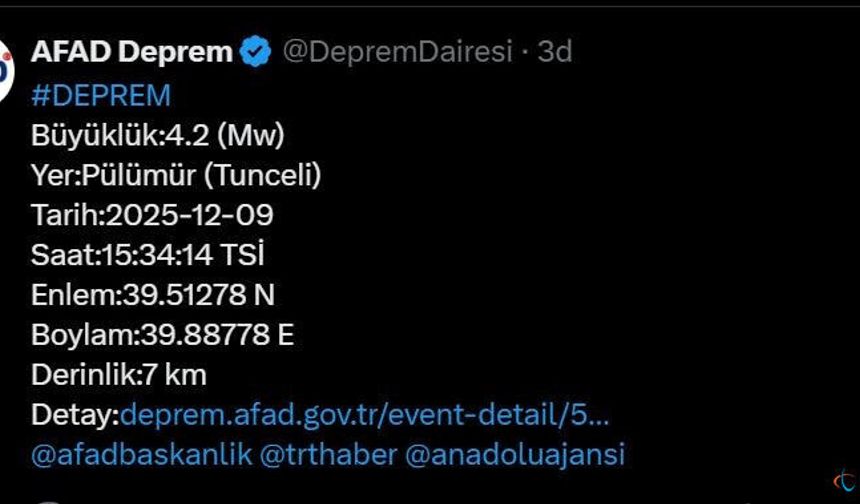 Tunceli’de 4.2 büyüklüğünde deprem