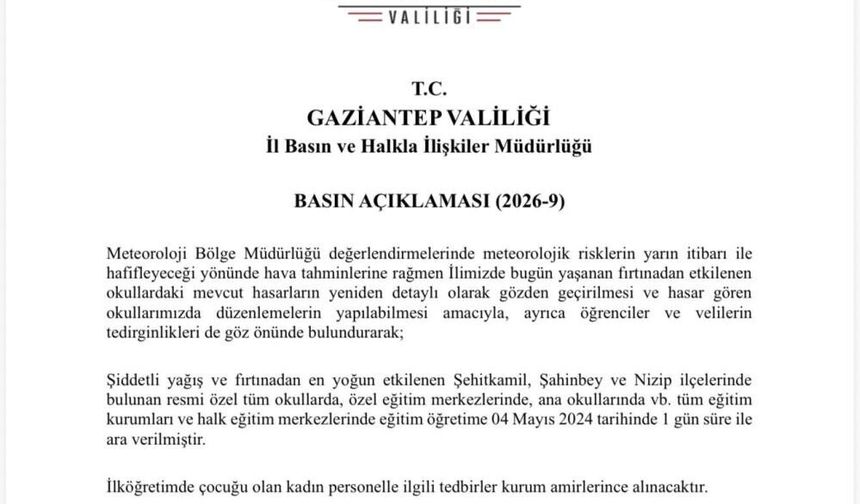 Gaziantep'te fırtına sonrası okullar tatil edildi